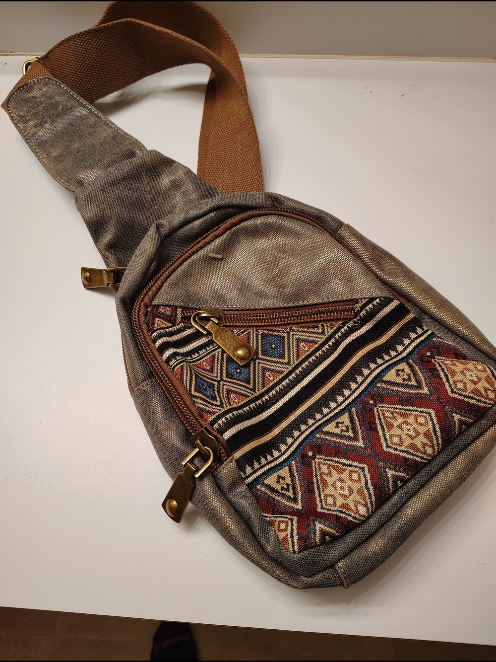 Boho Chest Sling Bag in Metallic Brown with Tribal Accent